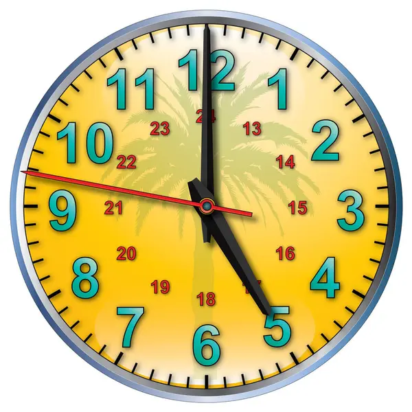 Ένα Τροπικό Κίτρινο Ρολόι Τοίχου Στις Πέντε Ώρα — Διανυσματικό Αρχείο