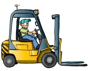 Forklift kullanan bir adamın karikatürü.