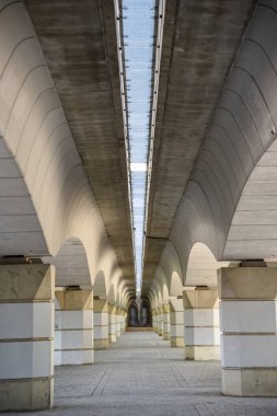Valencia, İspanya 'da modern bir köprünün altında simetrik bir bakış açısı, tekrarlayan kemerleri, güçlü geometriyi ve yumuşak ışıkta mimari perspektifi gösteriyor.