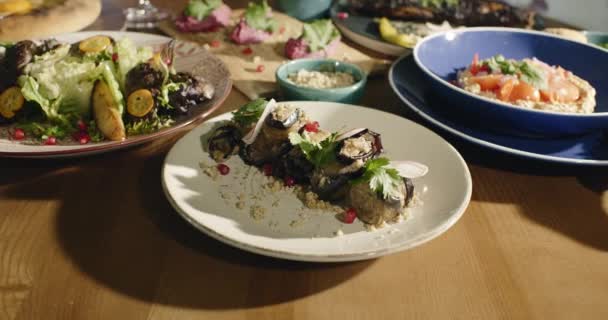 东部开胃菜 传统的石榴茄子开胃菜 美味的东方素食 餐桌上有东方食物 高质量的4K镜头 — 图库视频影像