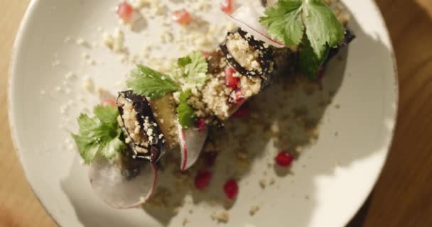 东部开胃菜 传统的石榴茄子开胃菜 美味的东方素食 餐桌上有东方食物 高质量的4K镜头 — 图库视频影像
