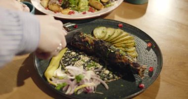 Kadın eli kebap yerken yakın çekim. Geleneksel Gürcü kuzu kebabı. Lezzetli doğu yemekleri. Kişniş eklemeyi kapat. Yüksek kalite 4k görüntü