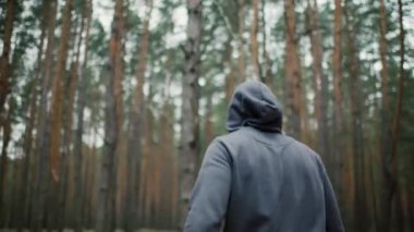 İnsan ormanda yürür. Sağlıklı yaşam tarzı kavramı. Doğada meditasyon yürüyüşü. Sporcu adam ormanda egzersiz yapıyor. Yüksek kalite 4k görüntü