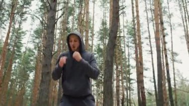 Boksör ormanda dolanıyor. Gölge boksu. Boksör koşusu. Spor motivasyonu. Yüksek kalite 4k görüntü