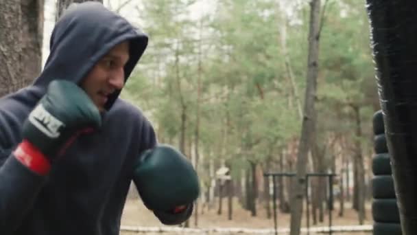 Boxer Sportovec Trénuje Venku Lese Cvičení Školou Venku Punč Vysoce — Stock video