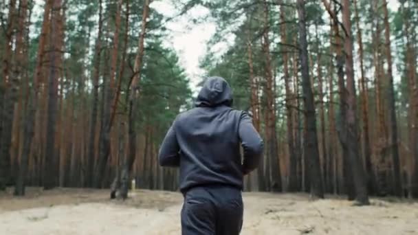 Молодой Спортсмен Бегает Лесу Утренняя Пробежка Природе Здоровый Образ Жизни — стоковое видео