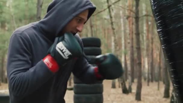 Boxer Atléta Férfi Edz Szabadban Erdőben Edzés Régimódi Kültéri Boxzsákkal — Stock videók
