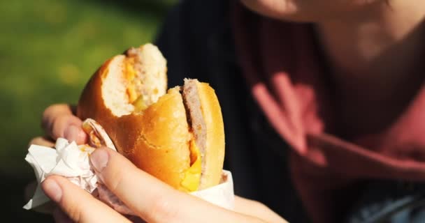 漂亮的女孩在公园里吃快餐 女人喜欢阳光下的街头食品汉堡 高质量的4K镜头 — 图库视频影像