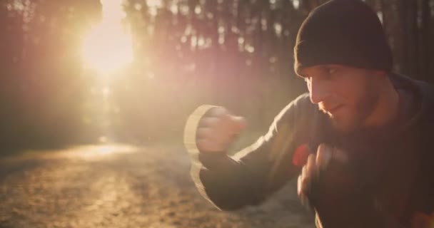 Portrait Fit Young Man Athlete Training Forest Shadow Boxing Sunrise — Stock Video