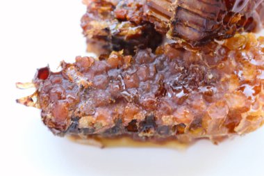 Beyaz tabakta bal bulunan doğal bal peteği. Organik arı ürünü.