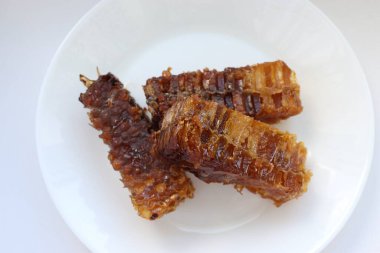 Beyaz tabakta bal bulunan doğal bal peteği. Organik arı ürünü.