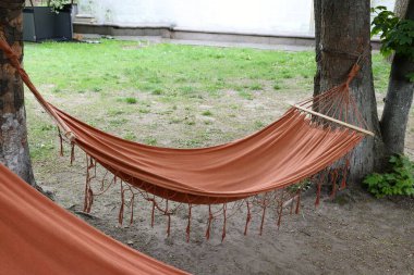 Kahverengi hamak, parkta hamak, arka planda boho tarzı hamak çimenler, park, ağaçlar