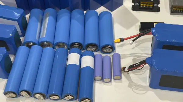 Gösteri masasında lityum piller ve elektronik modüller var.