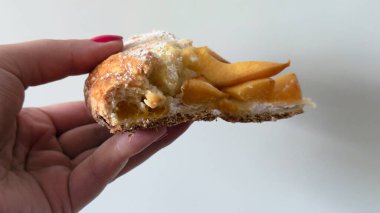 Bir parça ev yapımı şeftalili turta elinde lezzetli bir tatlı ve yemek pişirmek için altın kabuklu.