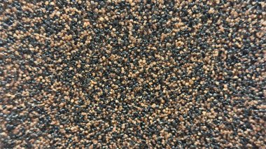 Küçük gri çakıl taşlarından oluşan yoğun bir tanecikli yüzeye yakın çekim. Düzensiz şekilleri kuma ya da çakıllara benzeyen doğal bir doku..