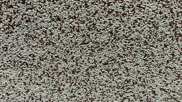 Beyaz ve kahverengi granülleri olan desenli bir yüzeye yakın çekim çatı malzemelerinin veya dekoratif duvarların tipik düz olmayan bir dokusudur..