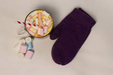 Şekerlemeli kış kakaosu ve örgü eldiven konfor, yemek tarifleri, yaşam tarzı, sosyal medya veya tatil kampanyaları hakkında sıcak bir kompozisyon..