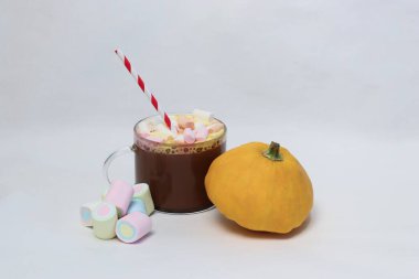 Beyaz arka planda kremalı sıcak çikolata ve balkabağı. Reklam içecekleri, yemek içeriği, sosyal medya, kartpostallar, kafe menüleri ve mevsimlik dekorasyonlar için sonbahar kompozisyonu..