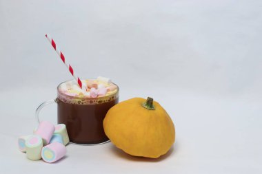 Beyaz arka planda kremalı sıcak çikolata ve balkabağı. Reklam içecekleri, yemek içeriği, sosyal medya, kartpostallar, kafe menüleri ve mevsimlik dekorasyonlar için sonbahar kompozisyonu..