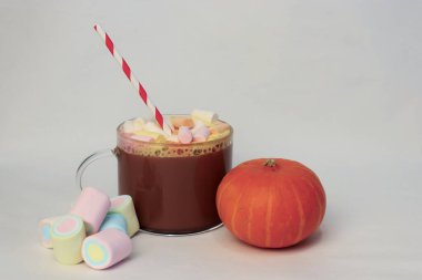 Beyaz arka planda renkli marşmelovlar ve turuncu balkabaklı kakao. Reklam içecekleri, yemek içeriği, sosyal medya tasarımı, kartpostallar, kafe menüleri için samimi bir sonbahar kompozisyonu.