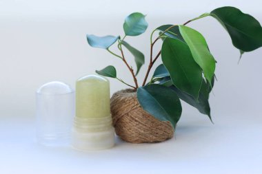 Beyaz Arkaplanda Doğal Mineral Deodorantı Yeşil Yapraklar Çevre dostu ve Güvenli Alternatif