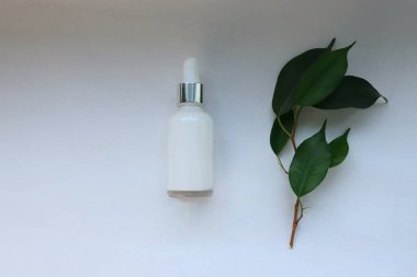 Beyaz arka planda damlatıcısı olan kozmetik serumu şişesi doğal organik cilt konsepti güzellik reklamcılığı, sağlık markası ve çevre dostu tasarım için.