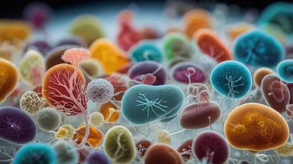 ai üretildi. Mide flora çeşitliliğinin detaylı 3D renkli çizimi, mikro biyota