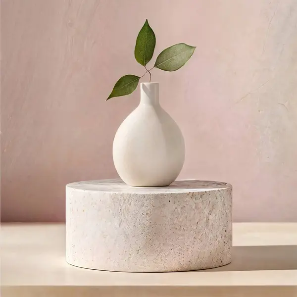 stock image ai generated. podium with white minimalist vase and green leaves. round cement base and pink background.