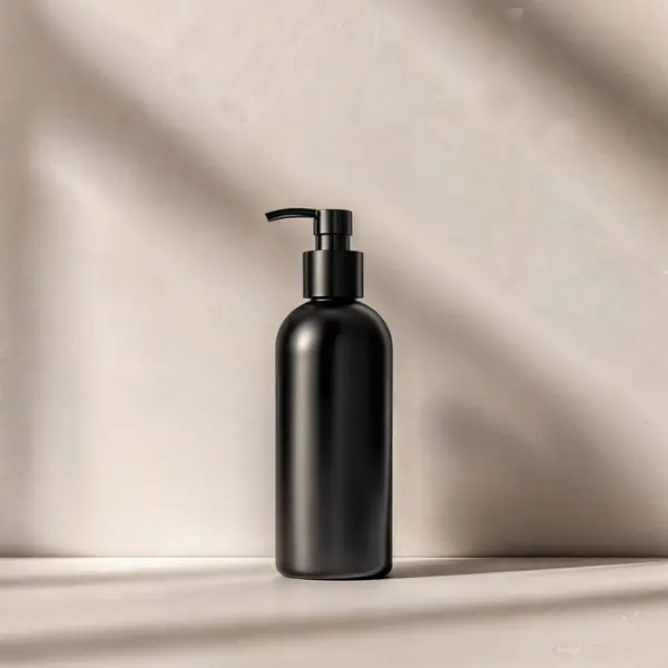 Pompa dağıtıcısı olan siyah kozmetik şişesi yumuşak eğimli, kişiselleştirilebilir etiket alanı olan, nötr tonlu bir arka plana yerleştiriliyor.. 