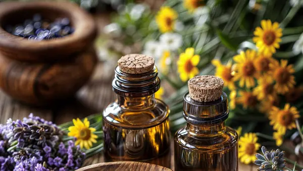 Kırsal ahşap bir masada bulunan çeşitli homeopatik ilaçlar, içinde doğal özü olan küçük cam şişeler. ai oluşturuldu