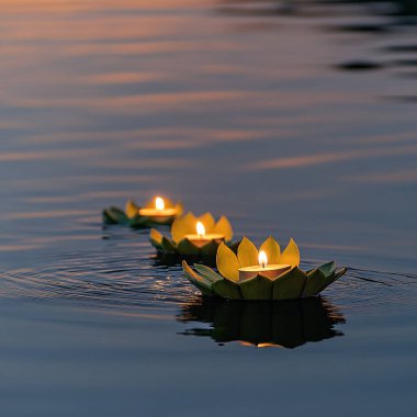 Alacakaranlıkta sakin su üzerinde yüzen krathong, birkaç yumuşak mum ışığı ile basit muz yaprağı yapısını aydınlatıyor. ai oluşturuldu