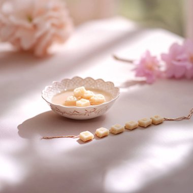 A simple rakhi (thread) and a small bowl of sweets placed on a clean, minimal surface with soft pastel tones in the background. ai generated clipart