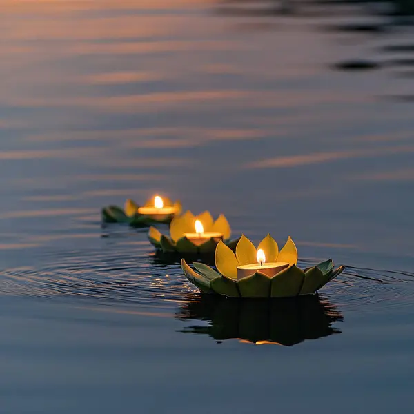 Alacakaranlıkta sakin su üzerinde yüzen krathong, birkaç yumuşak mum ışığı ile basit muz yaprağı yapısını aydınlatıyor. ai oluşturuldu