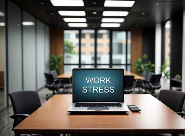Ofisteki bir dizüstü bilgisayarda STRESS kelimeleri üzerinde çalış. İş konseptinde ruh sağlığı. ai oluşturuldu