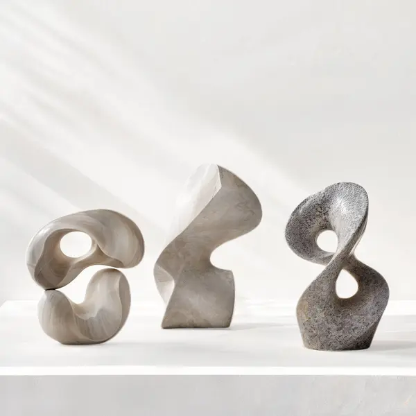 Üç modern çağdaş taş heykel, izole, beyaz arkaplan