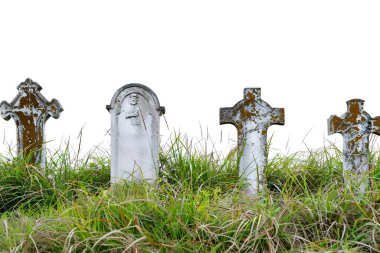 four old cemetery stone crosses in the grass with a white background. ai generated clipart