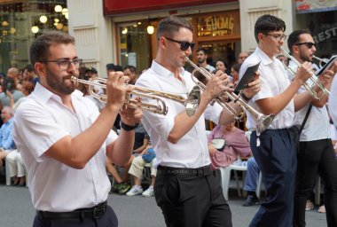 Valencia, spain; 10- 09-2024: traditional festival of Moors and Christians, Valencia, Spain. group of musicians playing the trumpet.