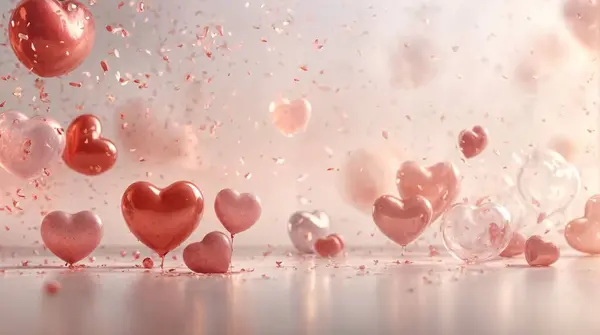 Sevgililer Günü geçmişi. konfeti ve balonlar kalp şeklinde ve pastel arka planda. ai oluşturuldu