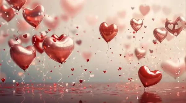 Sevgililer Günü geçmişi. Balonlar ve kalp şeklinde konfetiler. ai oluşturuldu