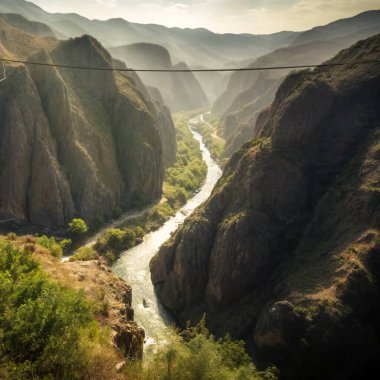 Uçurum, kanyon ya da nehir ve zip hattıyla doldur. macera sporları konsepti. ai oluşturuldu