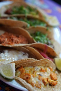 Tipik Meksika yemekleri. Limon ve kişniş ile süslenmiş çeşitli taco tepsileri..