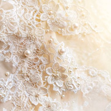 wedding invitation or card background with lace and pearls and blank space for text. ai generated