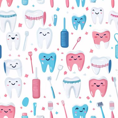 Dişçinin arka plan çizimi. Gülümseyen diş telleri ve diş fırçalarıyla. ai oluşturuldu