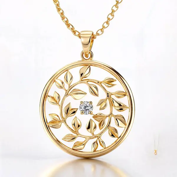Yazarın mücevherleri, dallı, yapraklı ve zirkon ayarı olan yuvarlak altın kolye. ai oluşturuldu