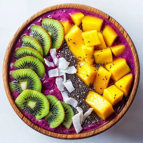 Sağlıklı yemek. Mango, kivi, hindistan cevizi ve chia ile lezzetli yoğurt kasesi. ai oluşturuldu