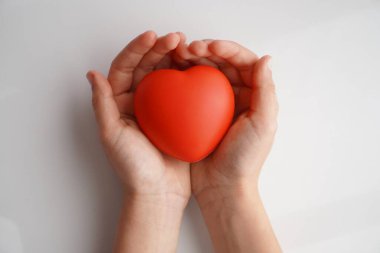 Kırmızı kalbi incelikle tutan bir gencin elleri. beyaz arkaplan