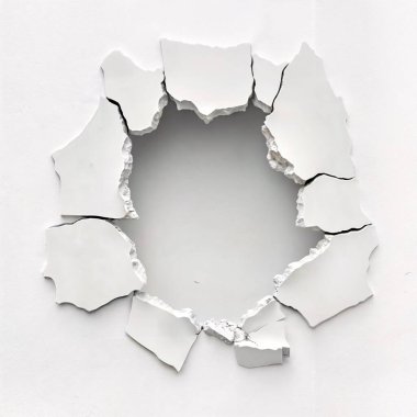 Beyaz duvarda çatlaklarla yapılmış bir delik. ai oluşturuldu