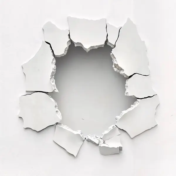 Beyaz duvarda çatlaklarla yapılmış bir delik. ai oluşturuldu