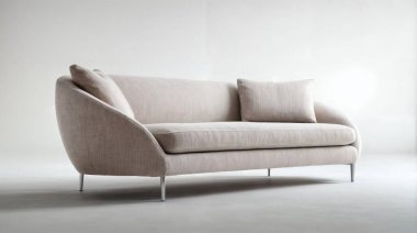 Beyaz, kıvrımlı kanepe. İtalyan minimalist. Minimalist iç tasarım tarzı. ai oluşturuldu