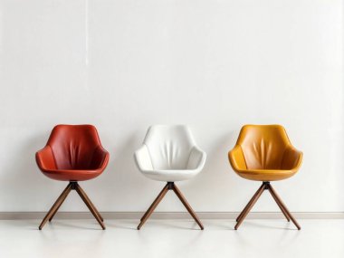 Farklı renklerde üç modern sandalye, beyaz arka planda izole edilmiş..